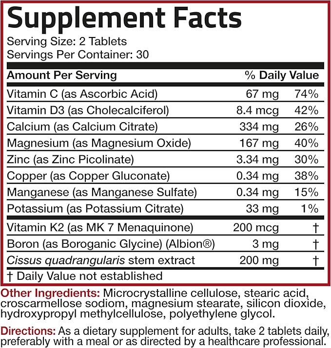 Bronson Bone Health & Strength Complex* High Potency Formula 200 MCG of Vitamin K2 as MK7, Plus Calcium, Boron, Cissus Quadrangularis, Magnesium, Vitamin D3, and More - Non-GMO, 60 Tablets