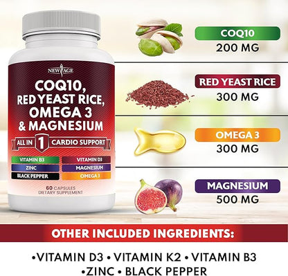 NEW AGE COQ10 200mg Red Yeast Rice Omega 3-6-9 Magnesium Complex Zinc Vitamin K2 D3 - Heart Health Support Vitamins for Women and Men with Vitamin B3, Coenzyme Q10-180 Count