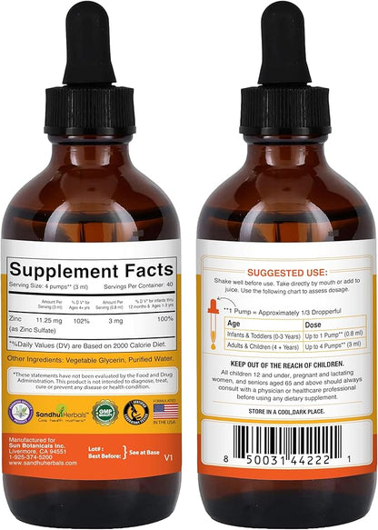 Liquid Zinc for Kids, Toddlers and Babies | 4 Oz Large Glass Bottle | Ionic Zinc Supplements Sulphate Drops | Immune Support | Easy to Take, Water Soluble | Unflavored