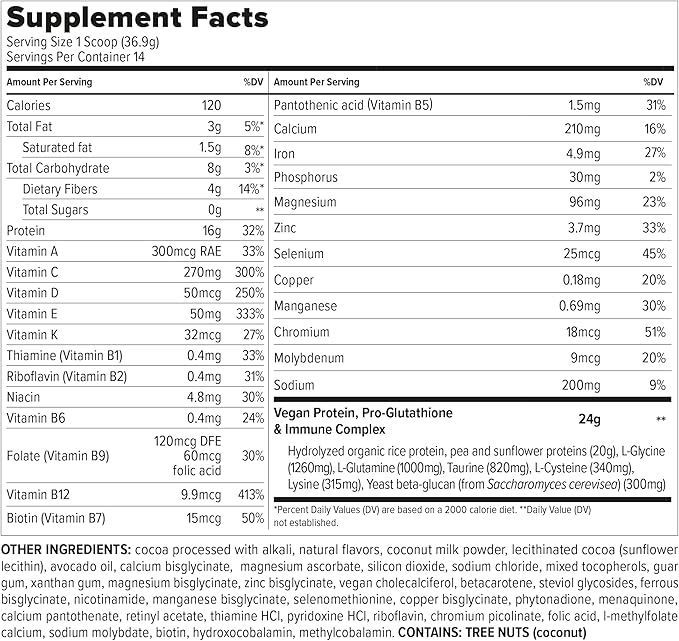Immuno Vegan - Plant-Based Protein Powder, 16g Protein Per Serving, Added Amino Acids & Multivitamin - Beta Glucan, Glutathione Production - Chocolate - 18.2oz