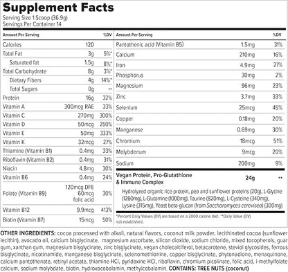 Immuno Vegan - Plant-Based Protein Powder, 16g Protein Per Serving, Added Amino Acids & Multivitamin - Beta Glucan, Glutathione Production - Chocolate - 18.2oz