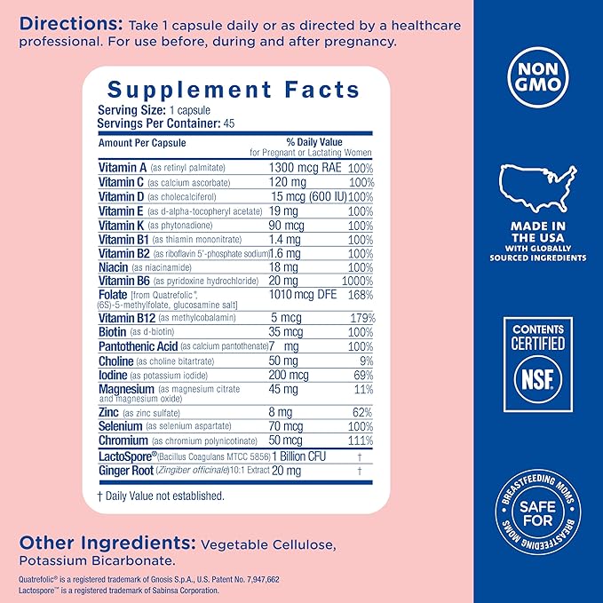 Mommy's Bliss Prenatal Multivitamin + Probiotic for Women w/ Folic Acid, Supports Baby Development & Mom's Digestion w/ Zinc, Vitamin B6 & B12, Ginger & Choline, Vegan & Gluten Free (45 Servings)