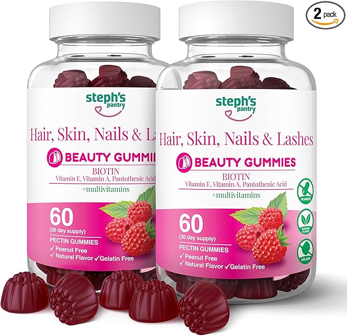 Steph's Pantry Biotin Gummies for Hair, Skin, Nails, & Lashes High Strength Gummies | Daily Multivitamins | Gluten-Free, Nut-Free, Non-GMO, Plant-Based, Vegan, Kosher (120 Gummies)