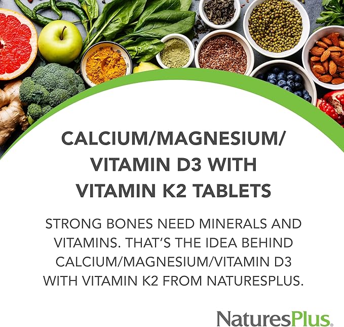 NaturesPlus Cal/Mag/VIT D3 with Vitamin K2- 180 Tablets - Bone Health Supplement with Calcium, Magnesium, Vitamin D3 and K2 - Gluten-Free - 45 Servings