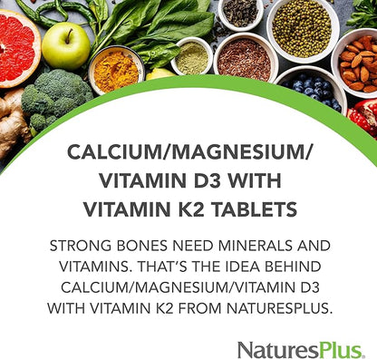 NaturesPlus Cal/Mag/VIT D3 with Vitamin K2- 180 Tablets - Bone Health Supplement with Calcium, Magnesium, Vitamin D3 and K2 - Gluten-Free - 45 Servings