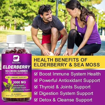 Elderberry Gummies & Irish Sea Moss, Organic Sambucus Elderberry Gummy with Seamoss, Zinc, Vitamin C, D3, Multivitamin Elderberry Vitamin Immune & Energy Support Supplements - Sugar-Free