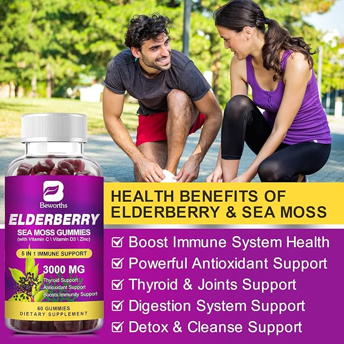 Elderberry & Irish Sea Moss Gummies, Organic Black Sambucus Elderberry Gummies with Seamoss, Zinc, Vitamin C, D3 for Kids, Elderberry Vitamin Supplements for Immune & Energy Support - Vegan