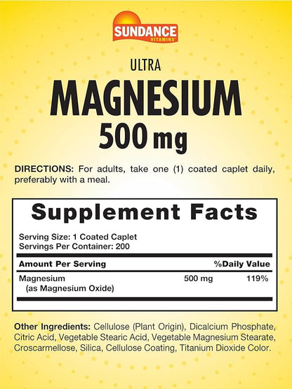 Sundance Magnesium Oxide 500mg | 200 Caplets | Essential Mineral Supplement | Vegetarian, Non-GMO, and Gluten Free Formula