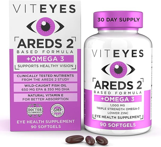 Viteyes AREDS 2 + Omega-3 Macular Health Formula Softgels, Triple Strength Omega-3 (650 mg EPA, 350 mg DHA), Eye Health Vitamin for Vision Protection, 90 Softgels
