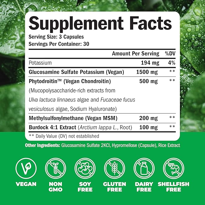Vegan Glucosamine Chondroitin MSM - 100% Vegan Joint Support Supplement for Women & Men with Burdock and Glucosamine Sulfate 1500 mg. Used for Cartilage and Joint Health and Flexibility - 90 Capsules