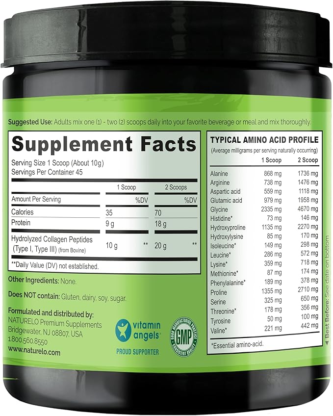 NATURELO Collagen Peptide Powder, Hydrolyzed Collagen Type I & III, Skin Hair & Joint Health - Unflavored, 16 Ounces | 45 Servings