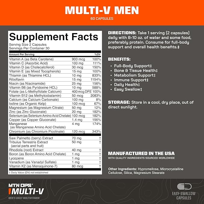 MTN OPS Multi-V Mens Multivitamin Vegetarian Capsules, Essential Daily Vitamin Complex, 60 Capsules, 30 Day Supply