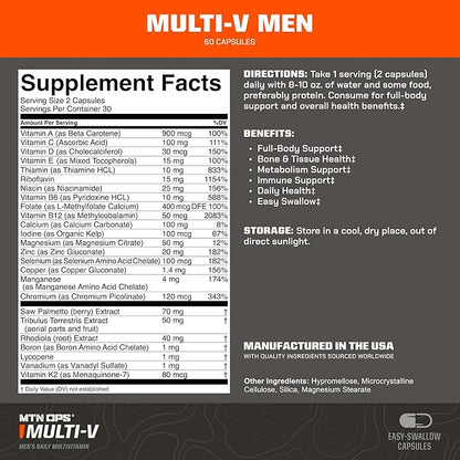 MTN OPS Multi-V Mens Multivitamin Vegetarian Capsules, Essential Daily Vitamin Complex, 60 Capsules, 30 Day Supply