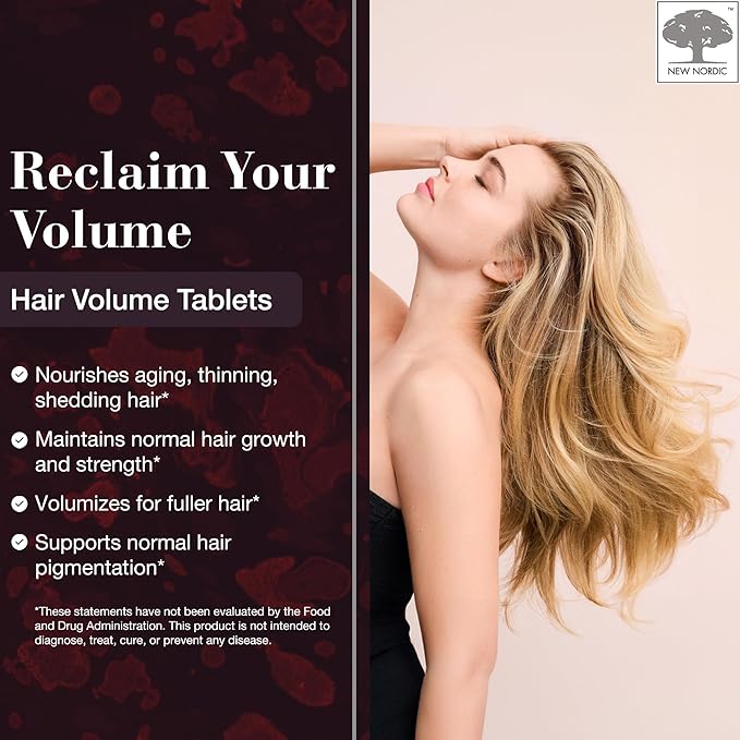 New Nordic Hair Volume Tablets, 3000 mcg Biotin & Biopectin Apple Extract, Hair Vitamins to Support Natural Hair Growth for Thicker, Fuller Hair, for Men and Women, 30 Count (Pack of 1)