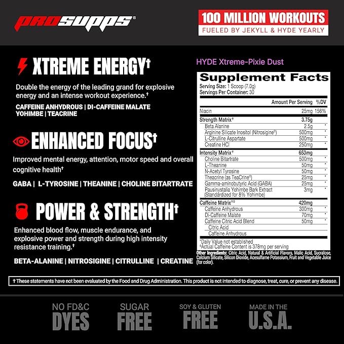PROSUPPS Mr. Hyde Xtreme Pre-Workout Powder Energy Drink - Intense Sustained Energy, Pumps & Focus with Beta Alanine, Creatine & Nitrosigine, (30 Servings, Pixie Dust)