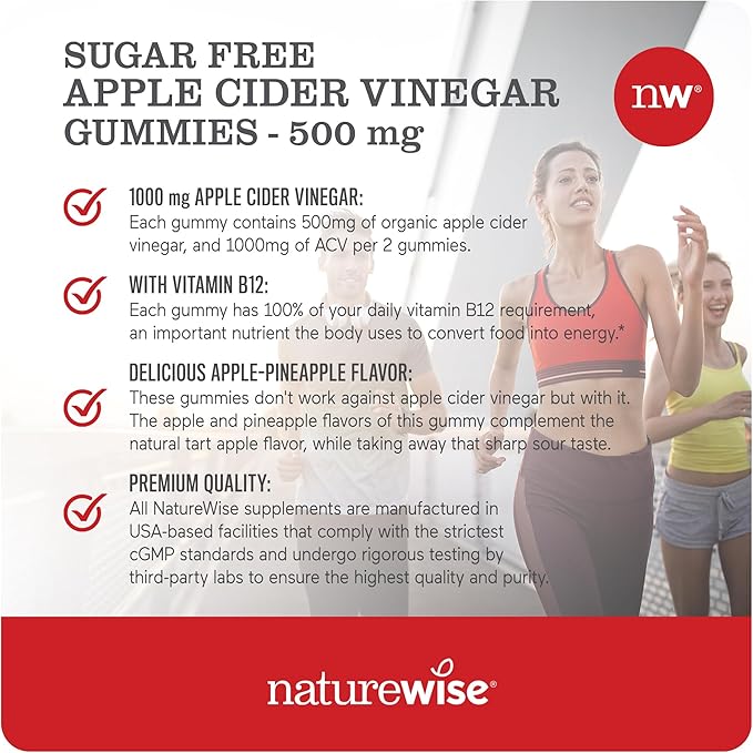 NatureWise Apple Cider Vinegar Keto Gummies - 1000mg ACV per 2, Sugar Free, Vegan - Energy & Gut Health - ACV Gummies W/Vitamin B12-60 Gummies[1-Month Supply for 1000mg / 2-Month Supply for 500mg]