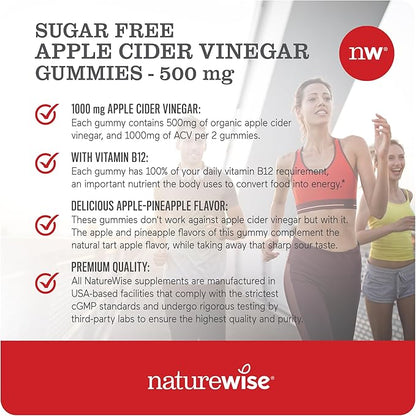 NatureWise Apple Cider Vinegar ACV Gummies - 1000mg ACV per 2, Sugar Free, Vegan - Energy & Gut Health - ACV Gummies W/Vitamin B12-180 Gummies[3-Month Supply for 1000mg / 6-Month Supply for 500mg]