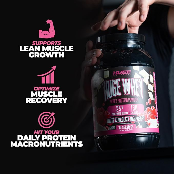 Huge Whey, Protein Powder for Muscle Gain, 25g Protein, 12g EAAs, Supports Muscle Growth, Performance & Recovery (White Chocolate Raspberry, 30 Servings)