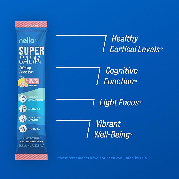 Nello Supercalm Powdered Drink Mix, Raspberry Lemonade, L Theanine, Ksm-66 Ashwagandha, Magnesium Glycinate, Vitamin D 3, Supplements for Relaxation & Focus, No Sugar, Non GMO, On The Go, (2-Pack)