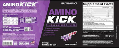NutraBio Amino Kick - Amino Acid Energy Formula - BCAA's, Electrolytes for Hydration, Natural Caffeine- 30 Servings (Grape Berry Crush)