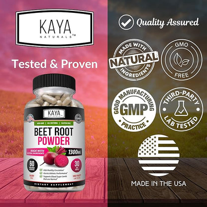 Kaya Naturals Organic Beet Root Powder 1300mg Per Serving 60 Veggie Capsules Supports Athletic Performance Aids in Healthy Circulation (60)