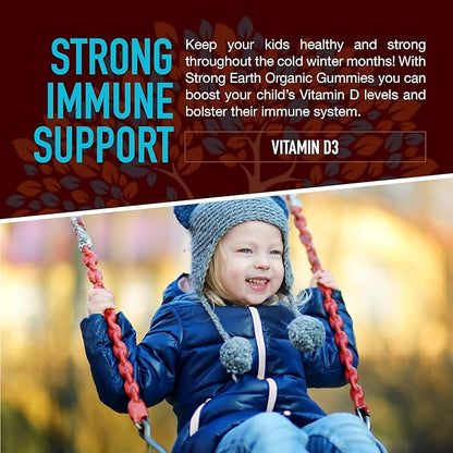 Strong Earth Organic Vitamin D3 Gummies for Kids (1000 IU Vitamin D 3 per Serving, 60 Ct) - Bone & Immune Support Vitamin D Gummies - Vegan Chewable Kids Vitamins - Gummy Vitamin D for Kids & Children