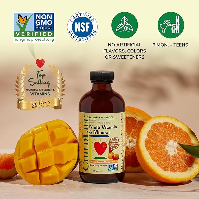 CHILDLIFE ESSENTIALS Kids Multivitamin & Mineral - Kids Vitamins, Liquid Multivitamin for Kids, Toddler Multivitamins, Liquid Vitamins, Baby Multivitamin - Natural Orange & Mango, 8 Fl Oz (Pack of 4)