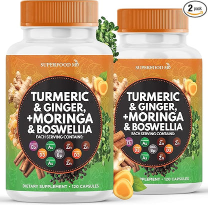 Turmeric Moringa Supplement | Ginger, Boswellia, Saffron, Holy Basil- Joint Support Supplement for Women and Men with Ceylon Cinnamon, Quercetin, Tart Cherry- 240 Count