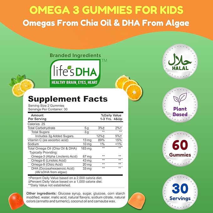 Gelatin Free Kids Omega 3 Gummies w/DHA 30 Servings. Plant-Based Omega 3 for Kids. Gluten Free & Non-GMO DHA Gummies. Children Omega 3 Gummies for Kids. Omega 3 Kids to Support Brain & Immune System