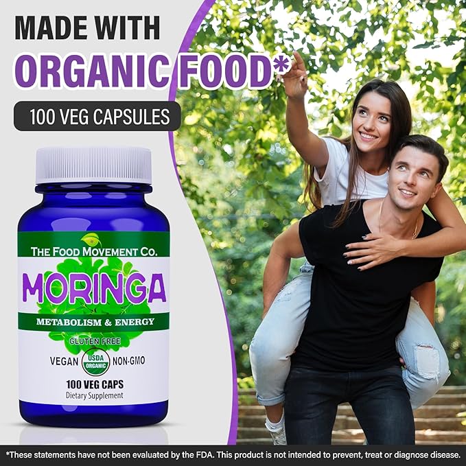 Moringa - Certified Organic Superfood, Whole Body Wellness, Natural Energy Support, Supports Healthy Metabolism - 100 Vegan Capsules