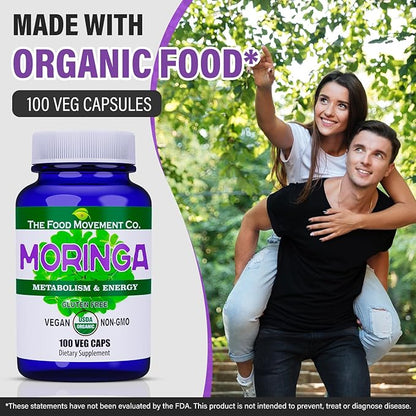 Moringa - Certified Organic Superfood, Whole Body Wellness, Natural Energy Support, Supports Healthy Metabolism - 100 Vegan Capsules