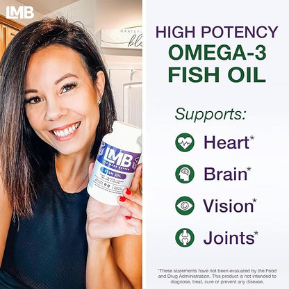 Wild Caught Omega 3 Fish Oil 3000mg - Triple Strength Burpless DHA 900mg + EPA 1200mg Non-GMO - Enteric Coated with No Aftertaste - LMB (90 Soft Gels)