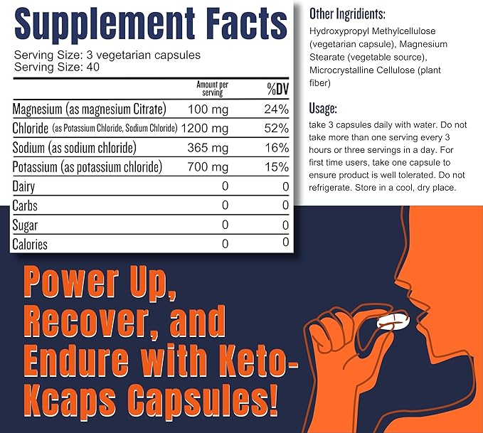 Keto K-Caps Electrolyte Capsules | Keto Approved Electrolyte Supplement | Hydrate Fast & Beat Leg Cramps | 700mg Potassium, Sodium, Magnesium | No Maltodextrin | 120 Caps