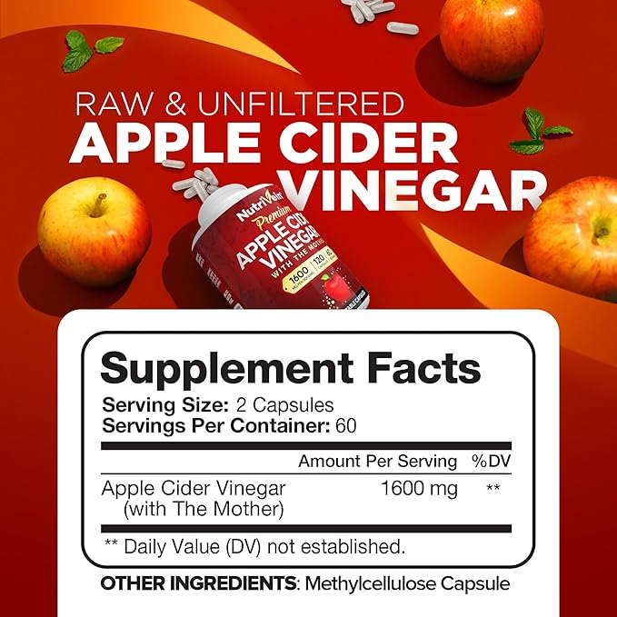 Nutrivein Apple Cider Vinegar Capsules with Mother - 1600mg - 120 Vegan Pills - Supports Healthy Diet, Digestion, Keto, Cleanser - Best Supplement for Immune System - ACV Raw
