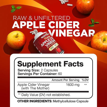 Nutrivein Apple Cider Vinegar Capsules with Mother - 1600mg - 120 Vegan Pills - Supports Healthy Diet, Digestion, Keto, Cleanser - Best Supplement for Immune System - ACV Raw