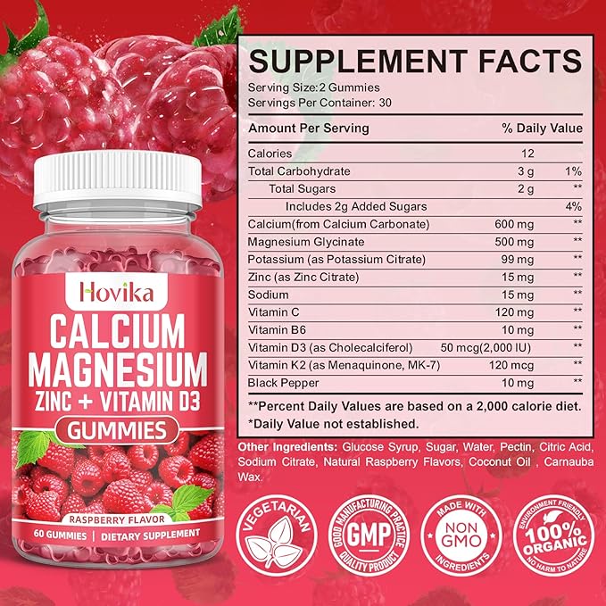 Calcium Magnesium Zinc Gummies with Potassium Vitamin C, B6, D3, K2 - Calcium for Women & Men - Calcium Magnesium Zinc Multi Vitamin Supplement for Bones, Muscles, Teeth, Calm, Mood - 2 Pack - 60 Cts