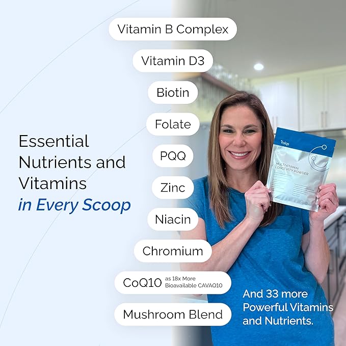 Multivitamin Longevity Powder for Healthy Aging - Whole Body Health and Immune Support - Digestive and Gut Health - Multivitamin for Women and Men 40+ - Mushroom Extracts, A,D3,E, B-Complex