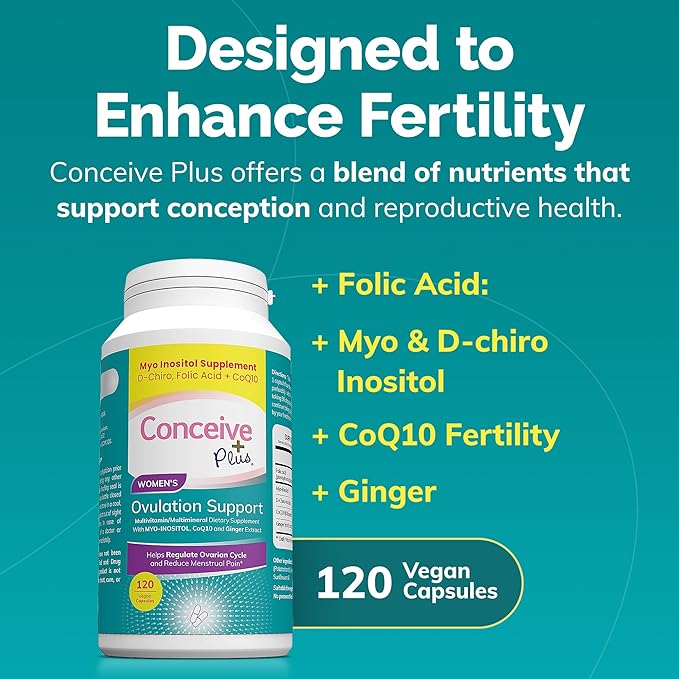 CONCEIVE PLUS Ovulation Support Supplement | Myo-Inositol & D-Chiro Inositol Blend with Coq10, Folic Acid, Ginger - PCOS Relief, Healthy Ovarian Support - Multi Vitamins Woman 120 Inositol Capsules