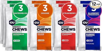 GU Energy Chews, Variety Pack Energy Gummies with Electrolytes, Vegan, Gluten-Free, Kosher, Caffeine/Caffeine-Free, and Dairy-Free On-The-Go Energy for Any Workout, 12 Bags (24 Servings Total)