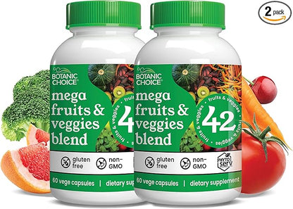 Botanic Choice Mega Fruits and Veggies Blend Total of 42 Fruit and Vegetables Like Elderberry, Chlorella, Kale Energy Balance & Superfood Vegetable Supplements for Adults - 2 Pack