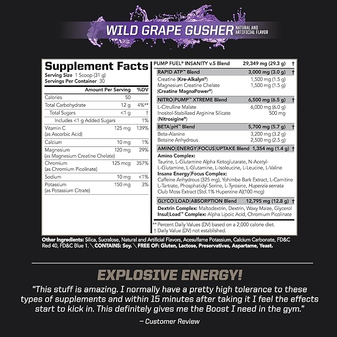 PMD Sports Ultra Pump Fuel Insanity - Pre Workout Drink for Energy, Strength, Endurance, Recovery - Complex Carbohydrates and Amino Energy - Wild Grape Gusher (30 Servings)