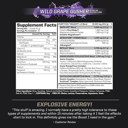 PMD Sports Ultra Pump Fuel Insanity - Pre Workout Drink for Energy, Strength, Endurance, Recovery - Complex Carbohydrates and Amino Energy - Wild Grape Gusher (30 Servings)
