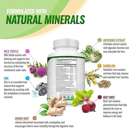 Detox Cleanse Liver Support & Repair Formula - Liver Cleanser Natural 5 Day Detox, Support Digestion System, Flush Toxins & Urinary Tract, Milk Thistle Extract 25+ Herbs, 60 Capsules, Toplux Nutrition