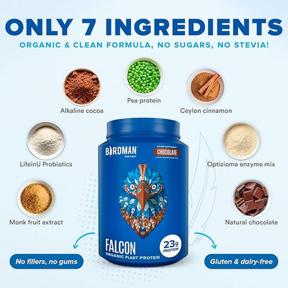 BIRDMAN Falcon Vegan Protein Powder Organic, Stevia & Sugar Free, Plant Based Protein, Low Carb, Dairy Free, Keto, Non Whey Protein, Probiotic, Pea Protein | Chocolate Flavor - 40 Servings - 2.64lb