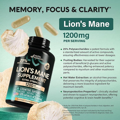 Lions Mane Supplement Capsules - Organic Lions Mane - Made in USA - Fruiting Bodies Extract - 1200 mg, 25% Polysaccharides - Memory & Focus Support - As Lions Powder - 120 Capsules, 2 Month Supply