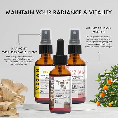Vitality Boost Bundle Liquid Spray - Ultimate Mushroom Complex, Bromelain, B12 Methylcobalamin - Complete Multivitamin - Plant- Based, Non-GMO, Gluten Free, Sugar Free 2 Fl Oz (420 Days Supply)