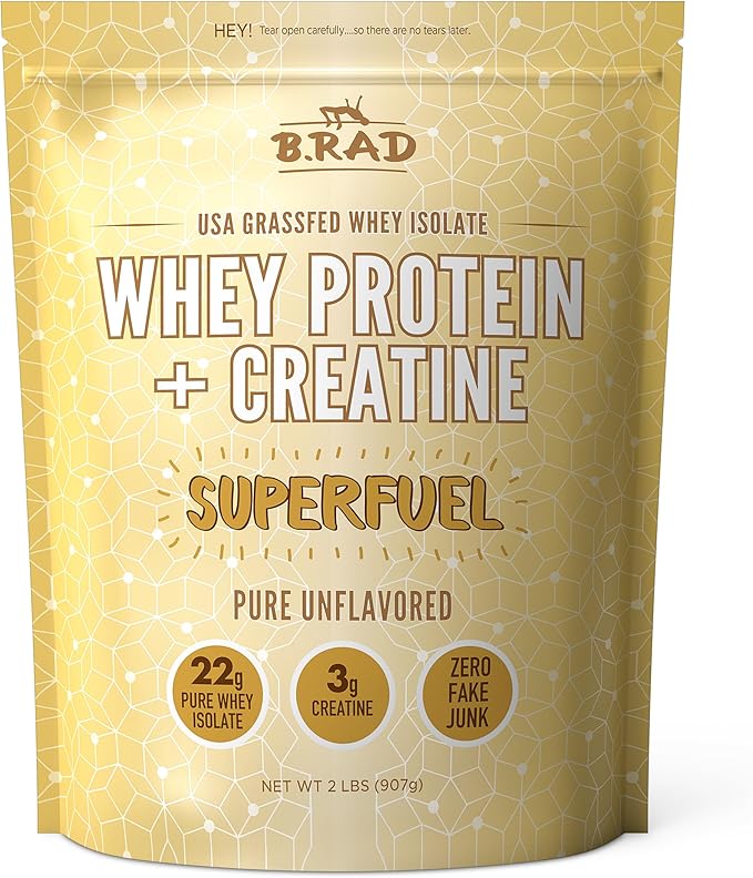 B.rad Grass Fed Whey Protein Isolate Powder with Creatine | Ultra-Pure, All-Natural Clean Ingredients | Superfuel with Whey and Creatine | 100% USA Sourced | Unflavored