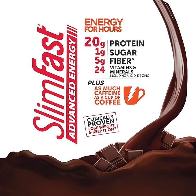 SlimFast Advanced Energy High Protein Meal Replacement Shake, Rich Chocolate, 20g of Ready to Drink Protein with Caffeine, 11 Fl. Oz Bottle, 4 Count (Pack of 3) (Packaging May Vary)