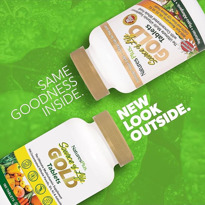 Natures Plus Source of Life Gold Multivitamin - 180 Tablets - with Vitamins D3 & B12 - Blood, Bone & Immune Support - Vegetarian & Gluten Free - 60 Servings