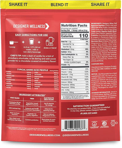 Designer Wellness, Designer Whey, Natural Whey Protein Powder with Probiotics, Fiber, and Key B-Vitamins for Energy, Gluten-Free, Summer Strawberry, 2 lb